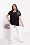 Women's Plus Size Black-Brown, V-Neck, Low Sleeve, Shoulder Stone Detailed Blouse 65N39444 - 5