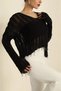 Women's Openwork V-Neck Tassel Detailed Slim Knitwear Blouse Crop Seasonal Long Sleeve Knitted Sweater