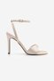 Women's Oval Toe Ankle Strap Gold Metal Frame Classic Heeled Sandals Dospin Beige Satin - 3