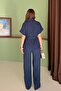 Women's Navy Blue Pocketed Belted Button Detailed Linen Textured Top and Bottom Set - 6