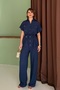 Women's Navy Blue Pocketed Belted Button Detailed Linen Textured Top and Bottom Set - 2