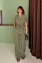 Women's Khaki Pocket Belted Button Detailed Linen Textured Top and Bottom Set - 2