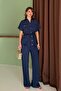 Women's Navy Blue Pocketed Belted Button Detailed Linen Textured Top and Bottom Set - 3