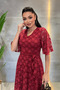 Lace Fabric V-Neck Midi Dress - Bordo - 4