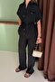 Women's Black Pocketed Belted Button Detailed Linen Textured Top and Bottom Set - 4