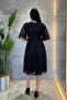 Lace Fabric V-Neck Midi Dress - Black - 5
