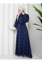 Women's Stone-Beaded Button Detail Premium Jacquard Satin Fabric Tesettür Farece - 5