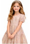Girl's Gold Gilded Patterned Lined Midi Length Dress with Button Closure at the Back - 3