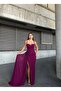 Women's Purple Glittery Slit Strap Bustier Collar Long Evening Dress