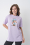 Women's Summer Style Cute Rabbit Printed Round Crew Neck Lilac Cotton T-Shirt - 4