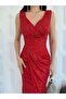 Red Double-Breasted V-Neck Slit Sequined Evening Dress - 4