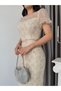 Beige Beaded Belted Short Sleeve Midi Evening Dress - 5