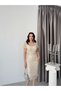 Beige Beaded Belted Short Sleeve Midi Evening Dress - 4