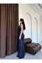 Navy Blue Double-Breasted V-Neck Slit Sequined Evening Dress - 3