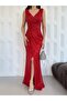 Red Double-Breasted V-Neck Slit Sequined Evening Dress - 5