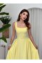 Square neck strap flared long dress yellow
