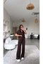 Brown Basic Modal Fabric Collared Wide Leg Suit - 4