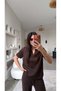 Brown Basic Modal Fabric Collared Wide Leg Suit - 5