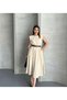 Women's Beige Cream Padded Midi Length Belted Dress Ayrobin Fabric Summer Comfortable Fit Plus Size Compatible - 5