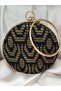 Black Gold Patterned Handmade Round Evening Bag – Stylish Evening Clutch with Ring Handle