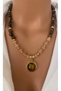 Natural Stone Coffee Two Colors Special Stone End Design Gold Plated Frame Allergy Free Women's Necklace in Gift Box - 4