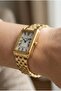 Gold Rectangular Case Women's Wristwatch |   21 mm Steel Case, Gold Steel Band, Dial - 3