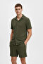 Waffle Fabric Men's Comfortable Khaki Short Sleeve Shirt Regular Fit Summer Two-Piece Set Shorts Set - 2