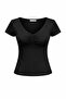 2080 Women's V-Neck Gathered Detailed Short Sleeve Basic T-Shirt Black