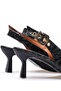 Women's Black Knitted Patterned Buckle Thick Heeled Sandals Special Design Heel Stylish Office & Daily Shoes - 3