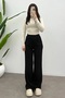 Women's Black High Waist Palazzo Pants with Wide Legs and Velcro Detail