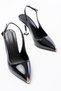 Women's Black Patent Leather Gold Toe Detailed Open Back Thin Heeled Style Shoes - 3