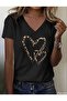Leopard Pattern Hearts Printed Women's Oversize V-Neck T-Shirt