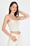 Ecru Strapless Front Knot Detailed Crop Blouse Women's Fit Cut Bustier, Front Knot Strapless Crop Blouse - 5