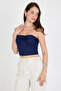 Navy Blue Strapless Front Knot Detailed Crop Blouse Women's Fit Cut Bustier, Front Knot Strapless Crop Blouse - 4