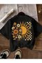Sunflower Printed Women's Crew Neck Plain Short Sleeve Tshirt - Black - 3