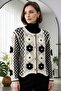 Women's Ecru Black Floral Embroidered Crew Neck Diamond Pattern Knitted Cardigan