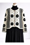 Women's Ecru Black Floral Embroidered Crew Neck Diamond Pattern Knitted Cardigan - 4