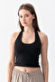 Women's Black 100% Cotton Neck-Cross Halter Neck Double Layer Crop Top Bodysuit - 3