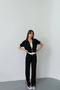 Women's Black Stylish Stone and Stripe Detailed Trousers Zipper Blouse Bottom Top Double Soft Set