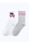 Patterned White and Gray Socks for Women, 2-Piece Set, Size 36-38 - 3