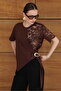D2964 Lace Detailed Hem V-Neck T-Shirt - Brown |   D2964 - Coffee