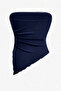 Navy Blue Strapless Asymmetrical Cut Side Ruched Detailed Crop Blouse Women's Stylish Bustier, Navy Blue Bustier - 2