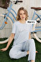 Women's Dublin Fabric Crew Neck Short Sleeve Blue Pajama Set - 2