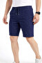 Men's Linen Fabric Shorts with Pockets, Relaxed Fit, Elastic Waist - Navy Blue