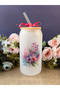 Floral Bamboo Lid Frosted Glass Straw Cup, Cold Coffee, Juice Cup - 3