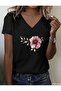 Flower and Leaf Printed Women's Oversize V-Neck T-Shirt