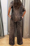 New Season Women's Short Sleeve Crew Neck Two Thread Leopard Pattern Blouse and Trousers Two Piece Set - 6