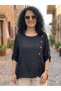 Women's Italian Black Button Detailed Oversize Loose 100% Linen Blouse - 2