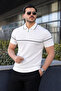 Men's Casual Striped Zippered Knitwear White Polo Neck T-Shirt - 2
