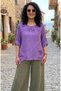 Women's Italian Purple Floral Embroidered Oversized Loose 100% Linen Blouse - 2